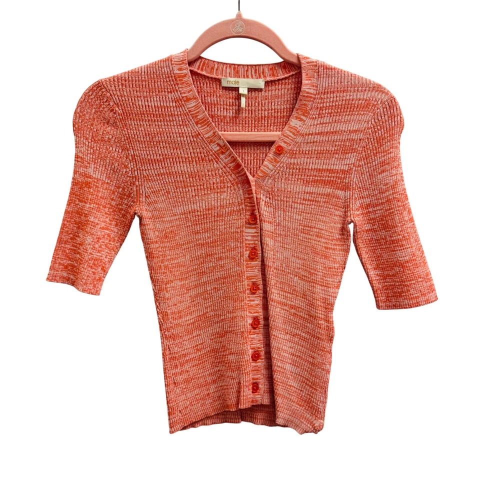 Maje Ribbed Marled Orange Short Sleeve V-Neck Button Front Cardigan Size 1 Small